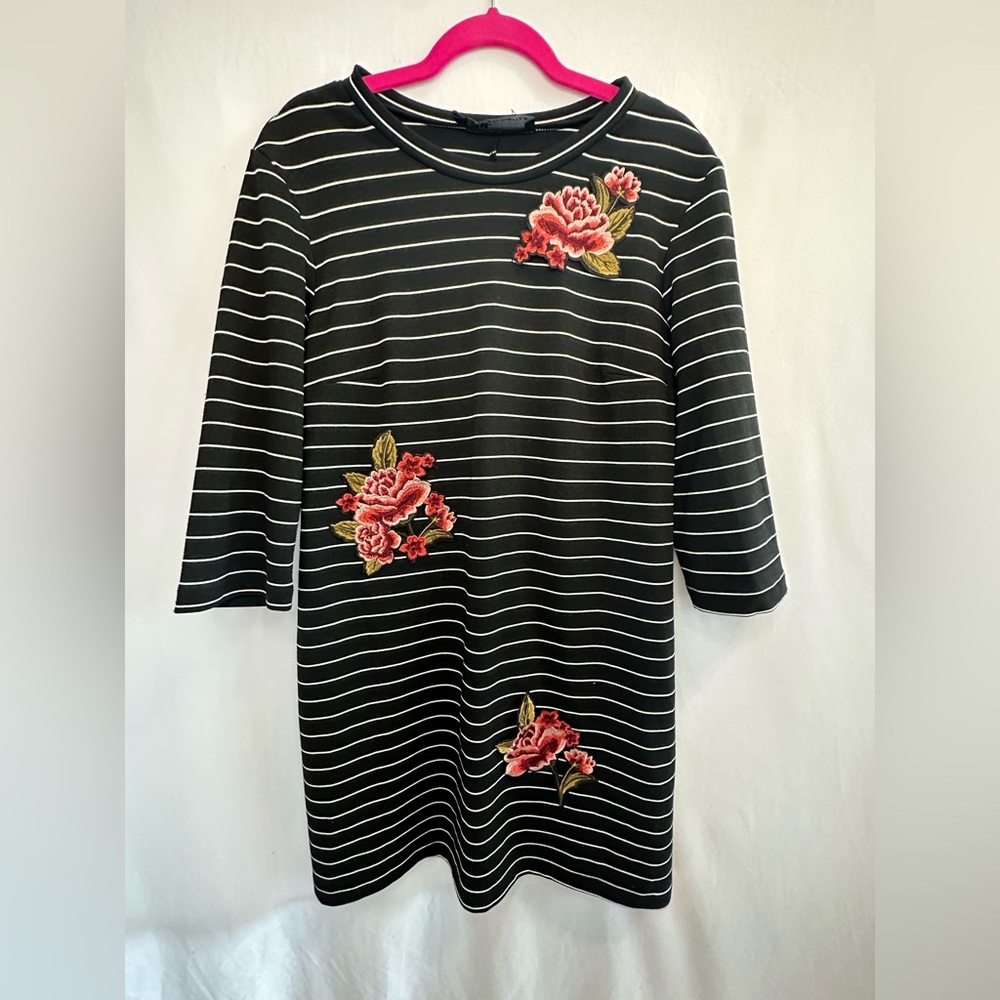 Be by Chetta B Jersey Striped Tunic Dress with Floral Patches 3/4 Sleeve…